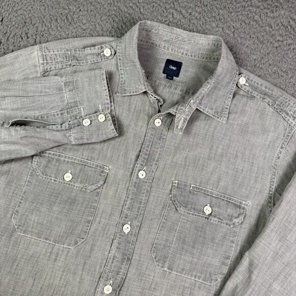 Gap Chambray Work Shirt Mens M Gray Pockets Chin Strap Vintage 30s 40s Style - Picture 1 of 9